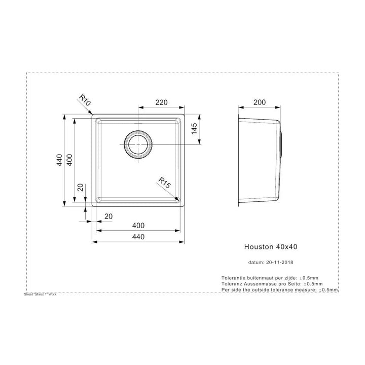 Reginox HOUSTON 40x40 1.0 Undermount Kitchen Sink 0.9 Gauge Inset and Integrated Sink