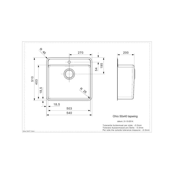 Reginox OHIO 50x40 TW CB Single Bowl Kitchen Sink with Overflow Drain 0.9 Gauge - Black
