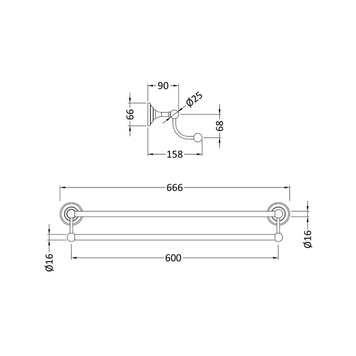 BC Designs Victrion Wall Mounted Brass Horizontal Double Towel Rail 66mm H x 666mm W Brushed Chrome