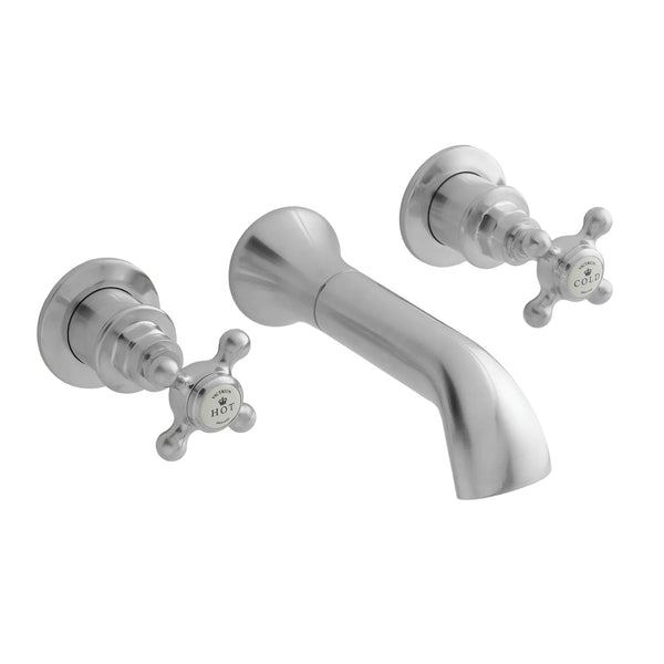 BC Designs Victrion Crosshead 3 Hole Wall Mounted Basin Filler Tap Brushed Chrome Finish