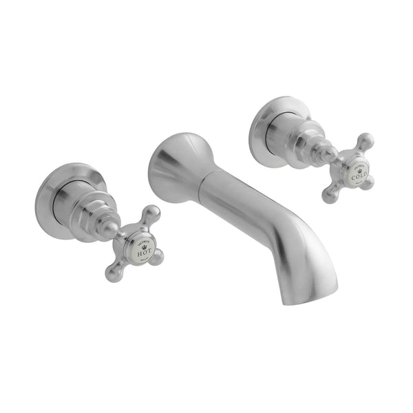 BC Designs Brass Victrion Crosshead 3 Hole Wall Mount Bath Filler Tap Brushed Chrome Finish