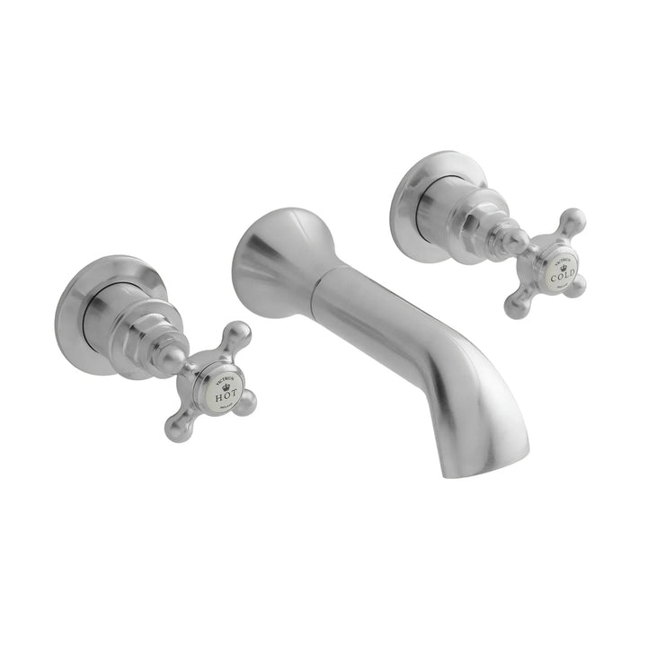 BC Designs Brass Victrion Crosshead 3 Hole Wall Mount Bath Filler Tap Brushed Chrome Finish