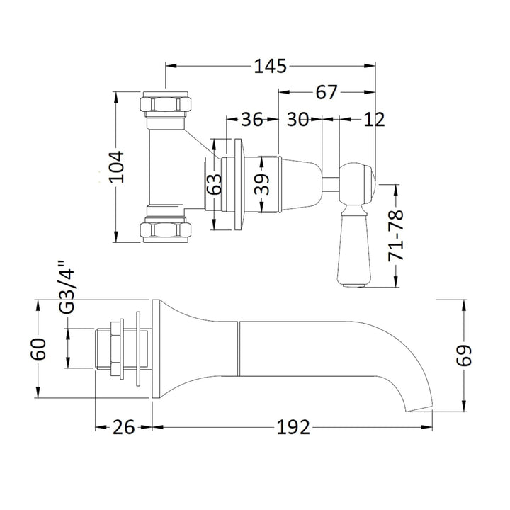 BC Designs Victrion Lever 3-Hole Wall Mounted Brass Bath Filler Tap with Spout Brushed Chrome
