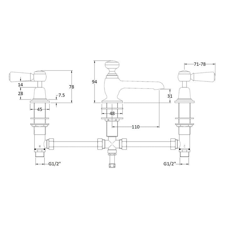 BC Designs Victrion Brushed Chrome Lever 3 Hole Traditional Brass Basin Mixer Tap