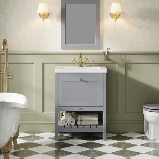Bayswater Hartleigh 600mm Plummett Grey 1 Drawer Floor Standing Cabinet With 1 Tap Hole Fireclay Basin