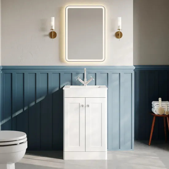 Nuie Classique 500mm 2 Door Floor Standing Vanity Unit With Minimalist Basin - Satin White