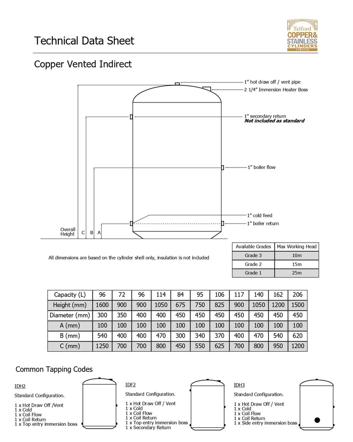 Telford Standard Vented Indirect Copper Hot Water Cylinders