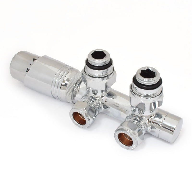 Plumbers Choice Delta Twin Angled TRV Chrome Thermostatic Radiator Valve