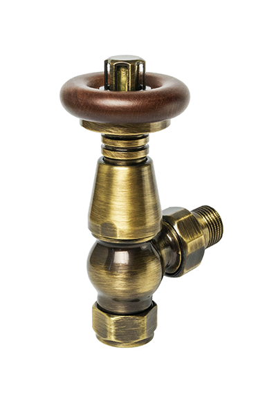 Eastgate Vintage XL TRV Angled Tradational Radiator Valve Antique Brass/Walnut Top