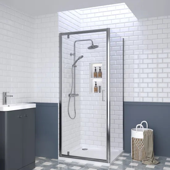 Nuie 900x900mm Chrome Framed Pivot Shower Enclosure With Side Panel & Tray
