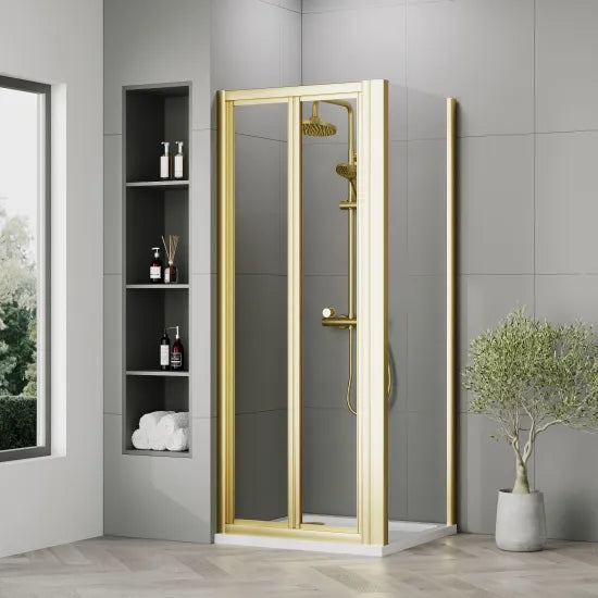 Nuie 760x760mm Brushed Brass Bi-Fold Shower Enclosure Including Shower Tray & Side Panel
