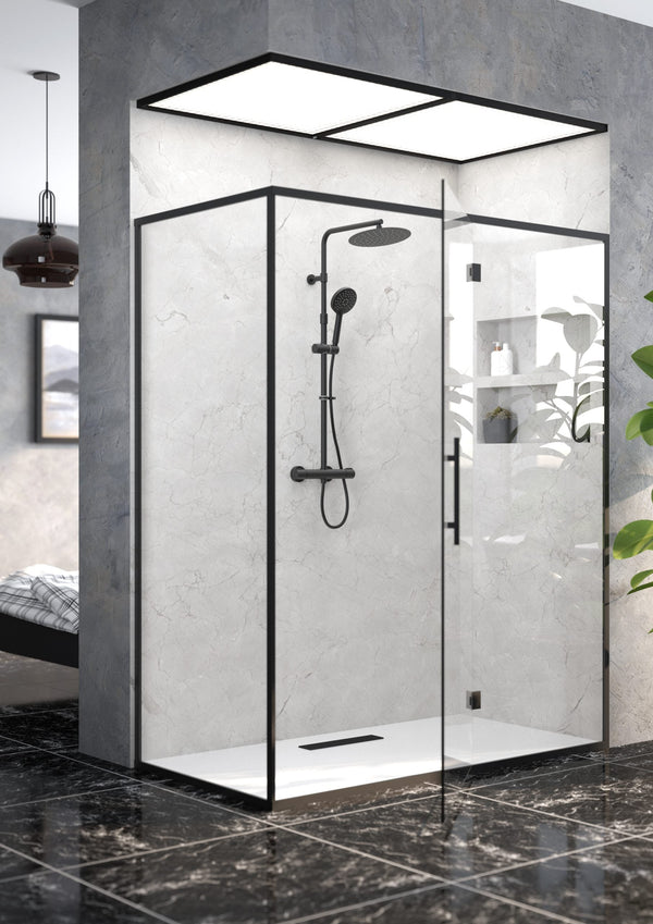Enzo Black Dual Outlet Safe-Touch Thermostatic Shower with Telescopic Riser Kit Overhead Soaker and Multi Function