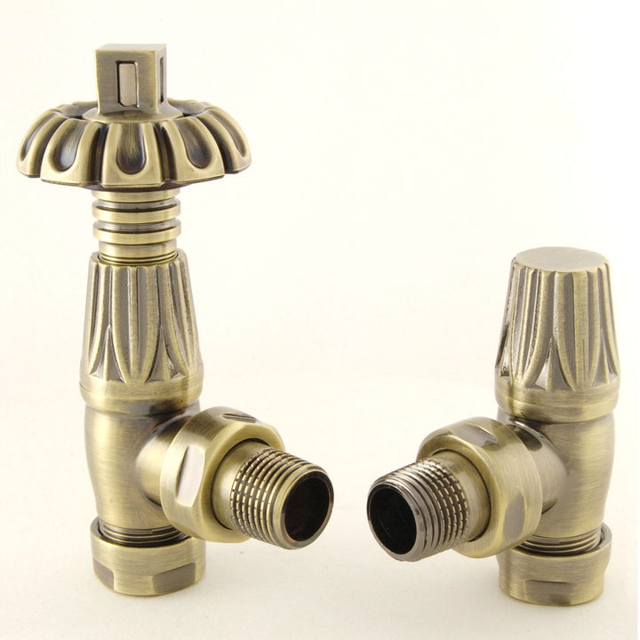 Plumbers Choice Gothic Angled Brass Thermostatic Radiator Valve Brushed Satin Nickel