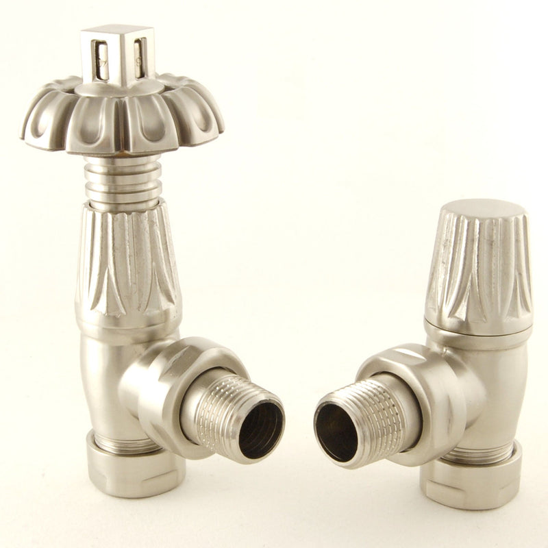 Plumbers Choice Gothic Angled Brass Thermostatic Radiator Valve Brushed Satin Nickel