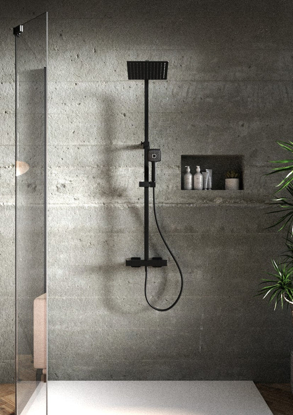 Mio Black Dual Outlet SafeTouch Thermostatic Shower with Telescopic Riser Kit Overhead Soaker and Multi-function Handset