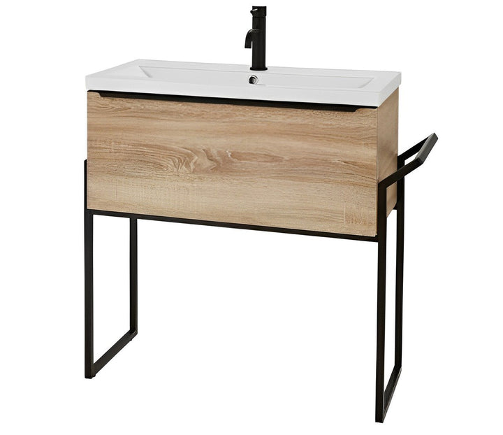 Kartell Kore Wall Mounted Ceramic Basin with Single Drawer Cabinet with Frame 600mm x 355mm - Sonoma Oak