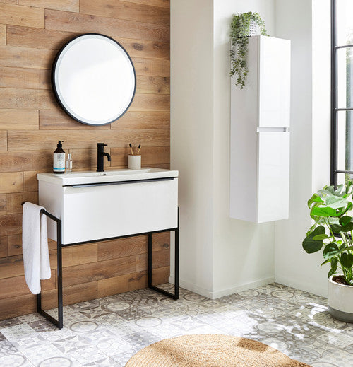 Kartell Kore Wall Mounted Ceramic Basin with Single Drawer Cabinet and Frame 800mm x 355mm - Sonoma Oak