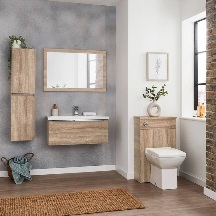 Kartell Kore Wall Mounted Ceramic Basin and Single Drawer Cabinet 600mm x 355mm - Sonoma Oak