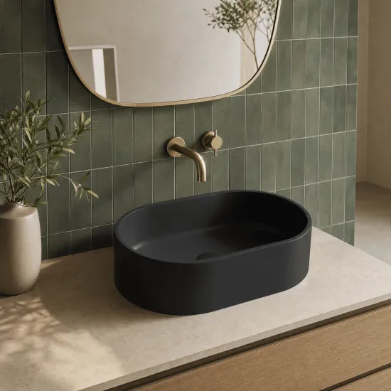 Nuie 565mm Ceramic Matt Black Oval Vessel Basin