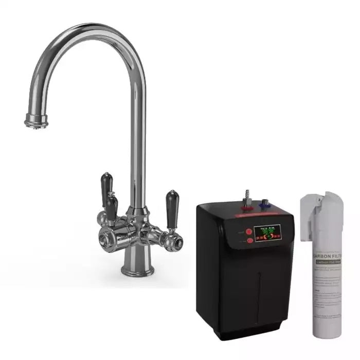 Ellsi Traditional Cruciform 3 In 1 Hot Water Kitchen Sink Tap with Black Ceramic Levers