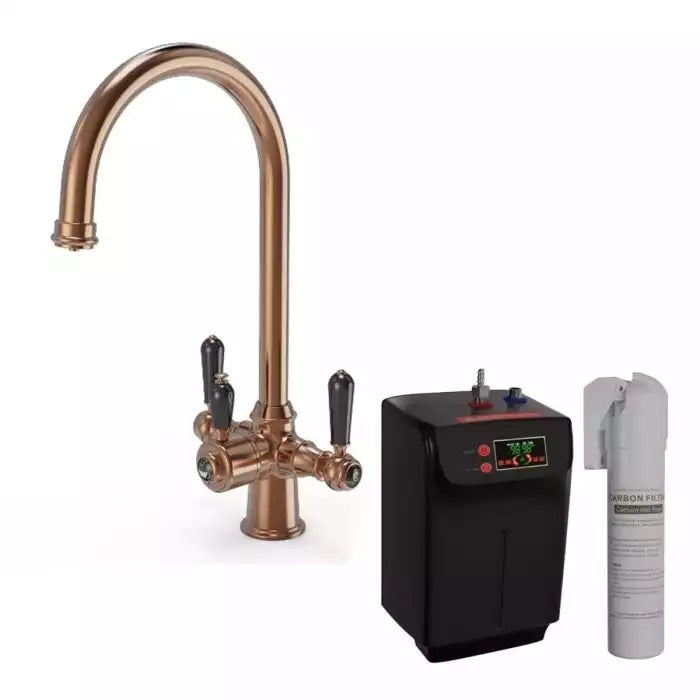 Ellsi Traditional Cruciform 3 In 1 Hot Water Kitchen Sink Tap with Black Ceramic Levers