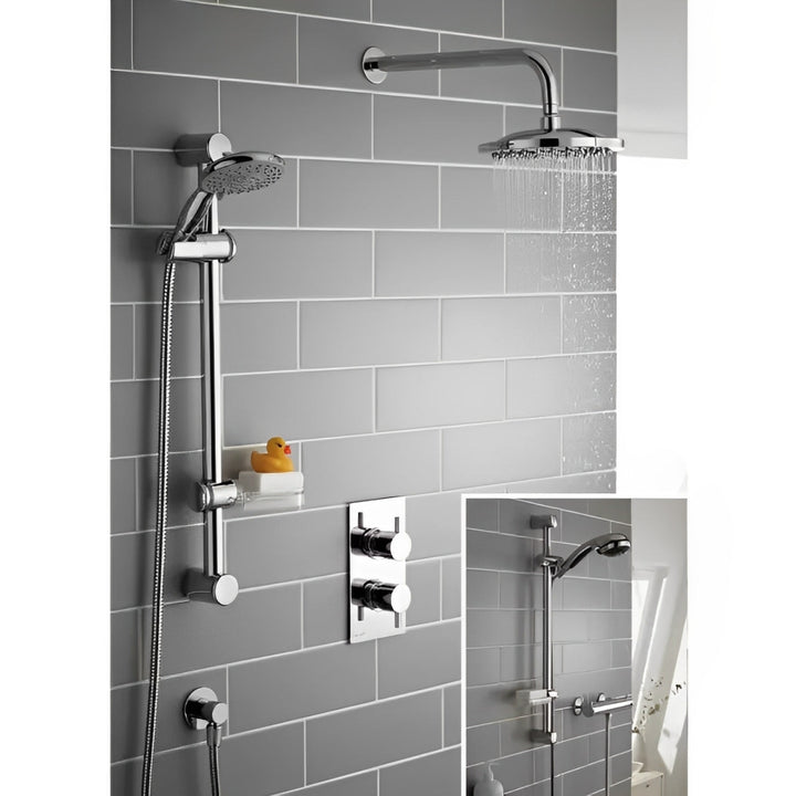 Kartell Plan Twin Round Push Button Thermostatic Concealed Shower with Adjustable Slide Rail Kit and Overhead Drencher