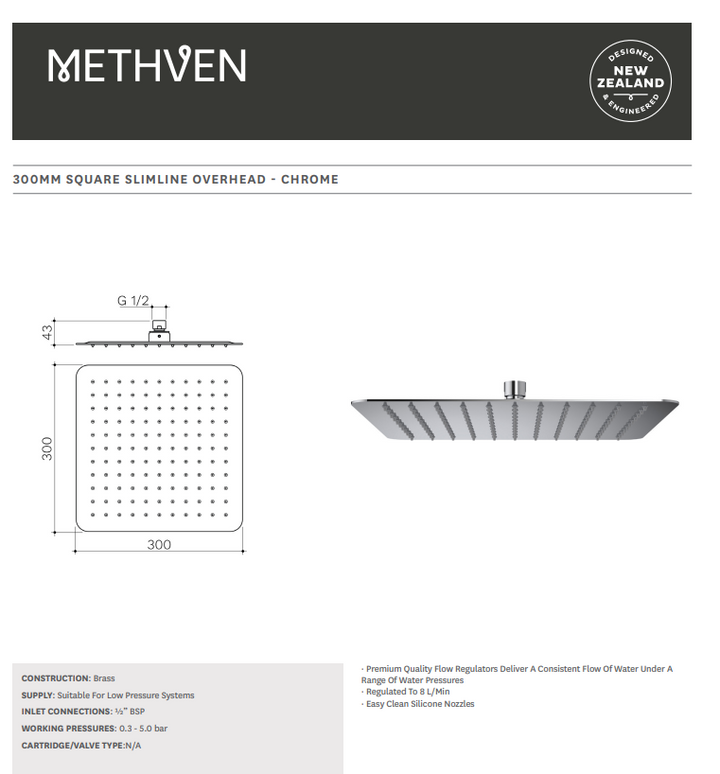 Methven Rain Shower 300 mm Square - Matte Black