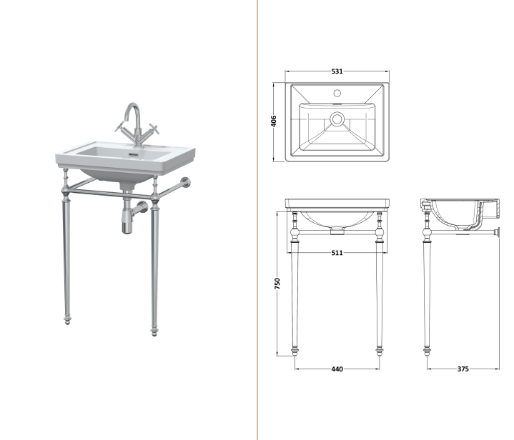 Nuie Carlton / 500mm 1TH Basin With Traditional Stand