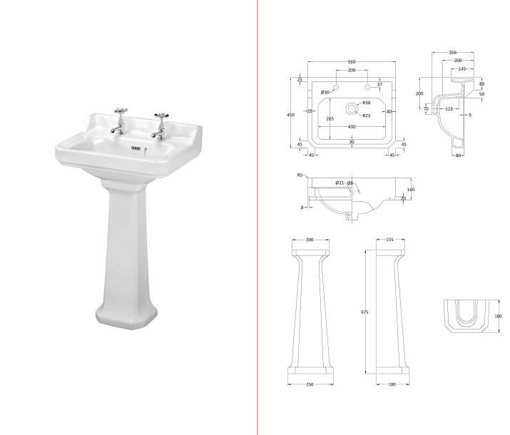 Nuie Carlton / 560mm Basin & Pedestal (2 Tap Hole)