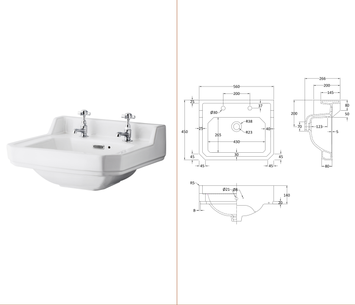 Nuie Carlton / 560mm Basin & Pedestal (2 Tap Hole)