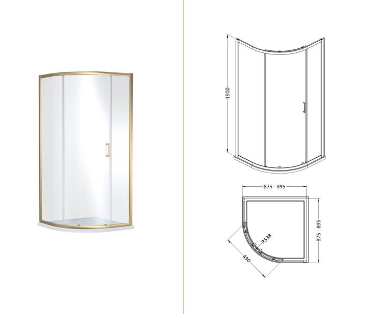 Nuoe Brushed Brass Single Entry Quadrant Shower Enclosure 1900mm x 900mm - 6mm Glass
