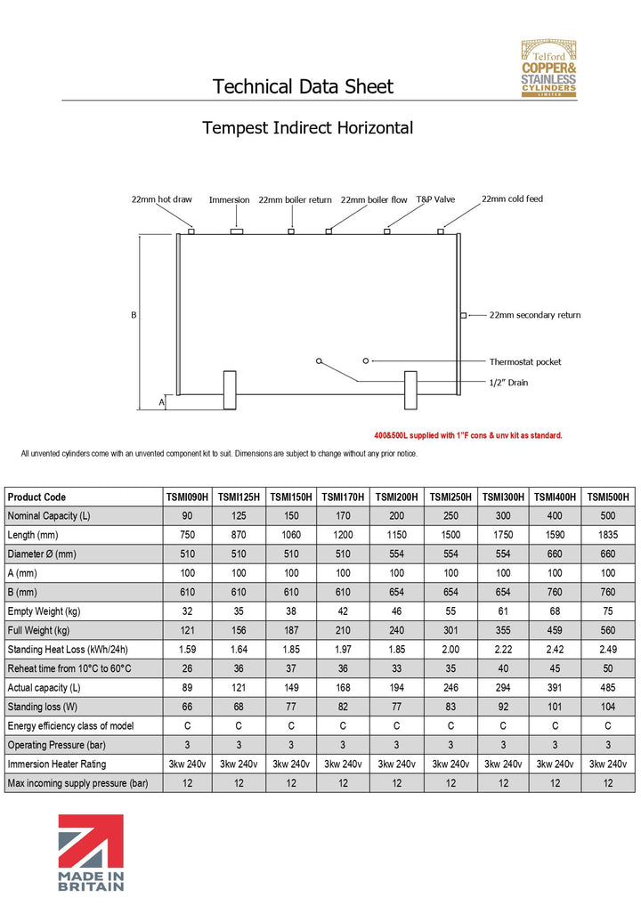 Telford Tempest Indirect Unvented Horizontal Stainless Steel Heater Cylinders