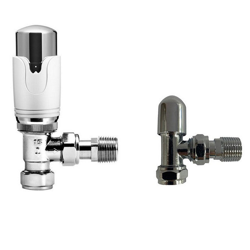 Kartell Refined Thermostatic Angled Radiator Valve and Lockshield - Chrome and White