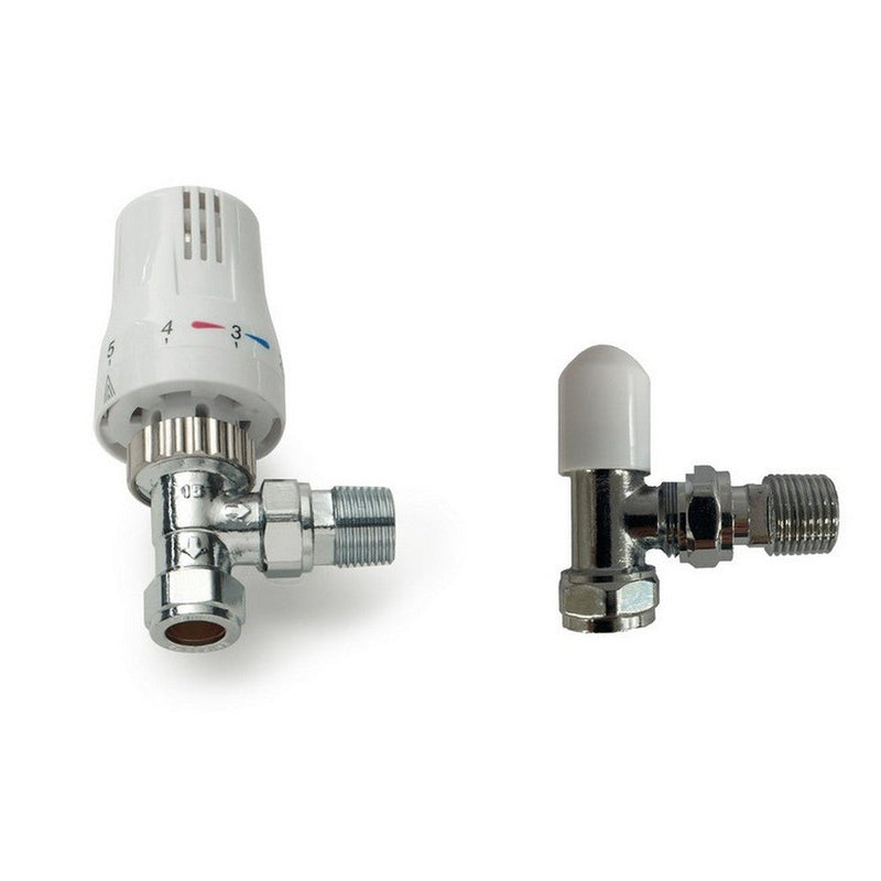 Kartell Style Thermostatic Angled Radiator Valve and Lockshield - Chrome and White
