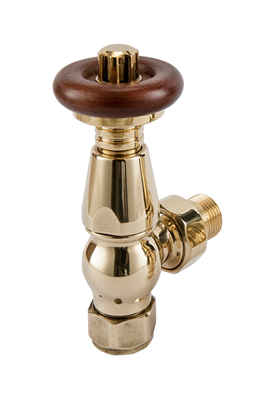 TradeRad Vintage TRV Angled Tradational Radiator Valve Polished Brass/Walnut Top