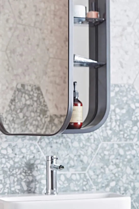 Iona Theory Black Framed Double Door Mirror Cabinet – Modern, Slimline Storage with Style