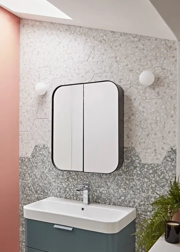 Iona Theory Black Framed Double Door Mirror Cabinet – Modern, Slimline Storage with Style