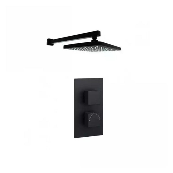 Kartell Nero Square Thermostatic Shower Valve With Fixed Overhead Drencher Matt Black