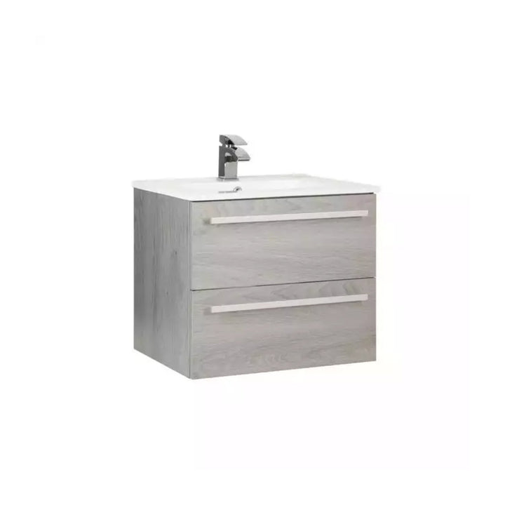 Kartell Wall Mounted 2 Drawer Cabinet & Ceramic Basin 600mm x 450mm Silver Oak