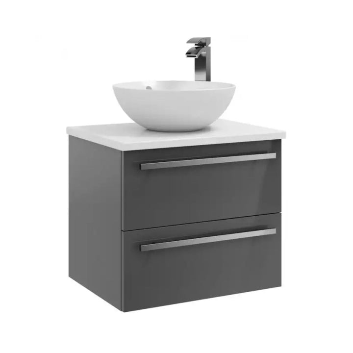 Kartell Wall Mounted Cabinet with Ceramic Worktop & Sit On Bowl 600mm x 450mm Storm Grey Gloss