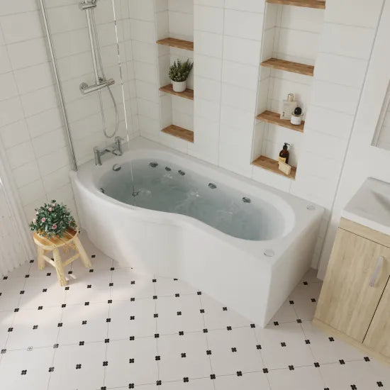 Nuie 1700mm P Shape Left Hand 8 Jet Chrome Whirlpool Bath
