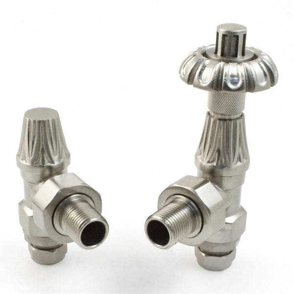 Plumbers Choice Abbey Thermostatic Radiator Valve & Lock-Shield - Satin Nickel (Angled TRV)