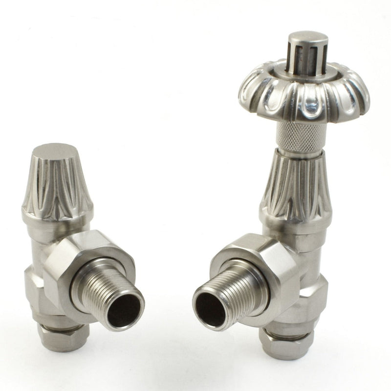 Plumbers Choice Abbey Thermostatic Radiator Valve & Lock-Shield - Satin Nickel (Angled TRV)