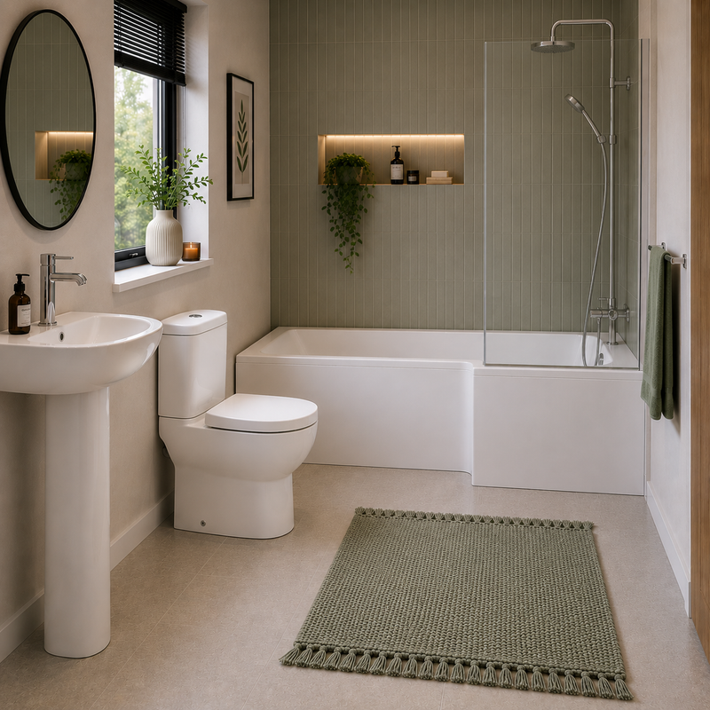 Nuie Right/Left Square Shower Bath, Ivo Basin & Pedestal, Ivo Pan & Cistern - Bathroom Package