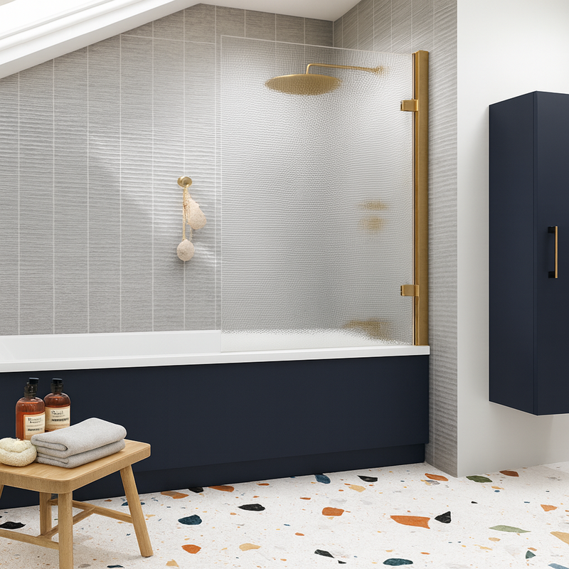Nuie Square Hinged Fluted Bath Screen - Brushed Brass