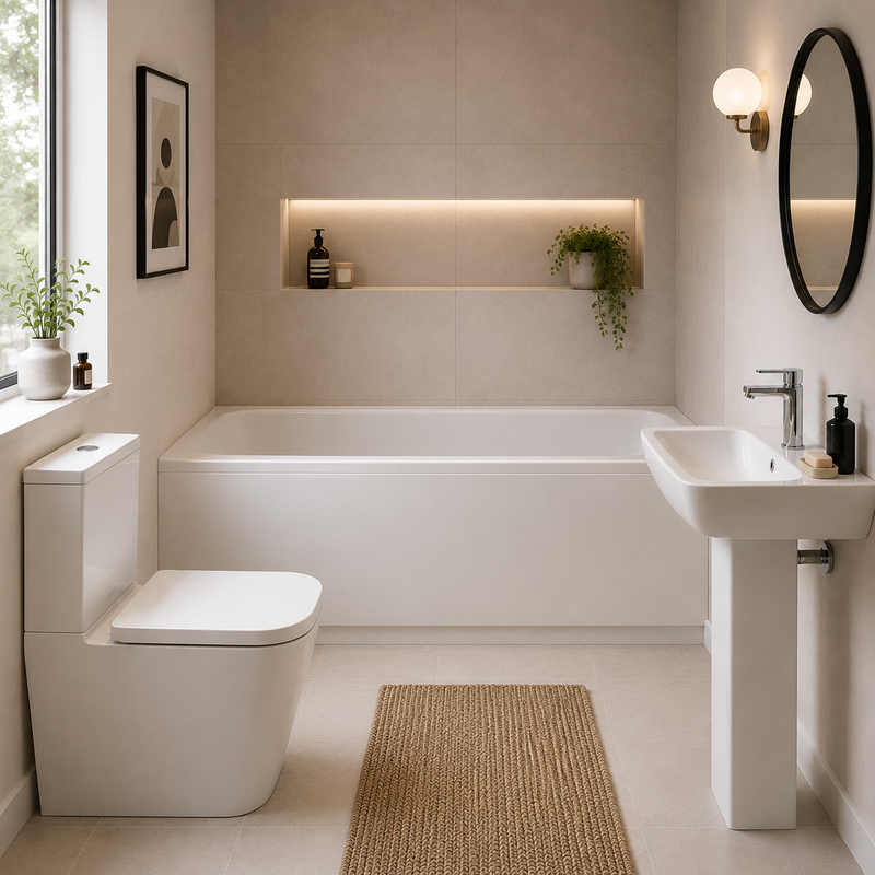 Nuie Bathroom Package - Barmby Single Ended Bath, Ava 545mm Basin & Pedestal, Ava Pan Cistern & Seat