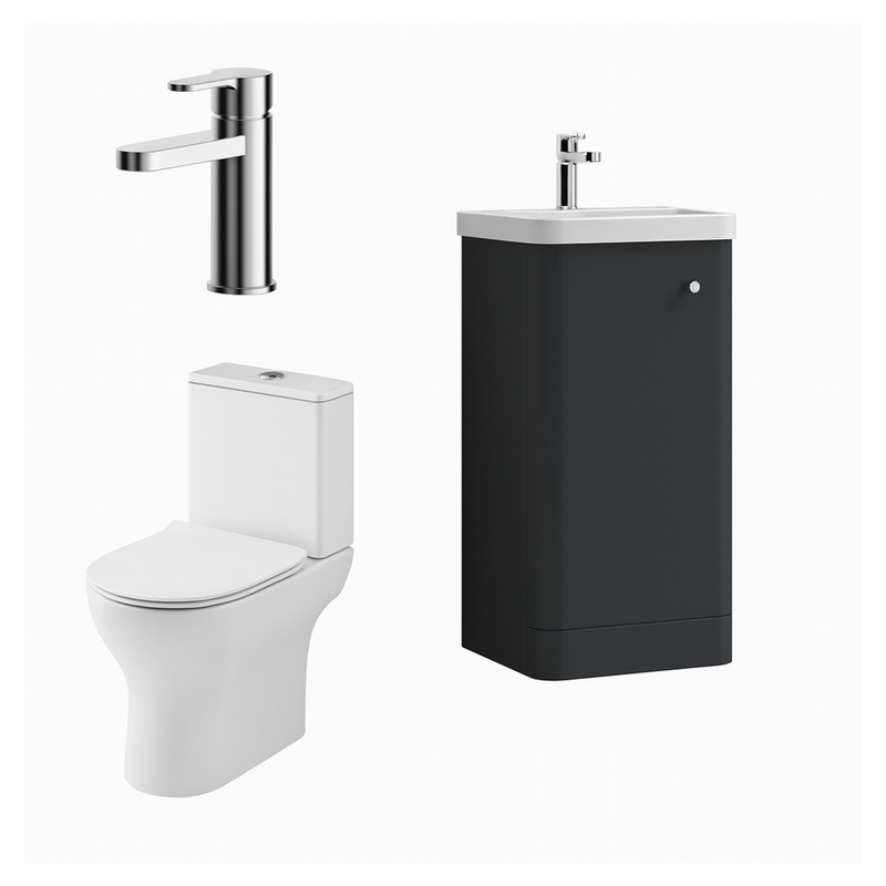 Nuie Floor Standing Unit With Basin, Toilet, Tap, Soft Close Seat & Waste - Soft Black