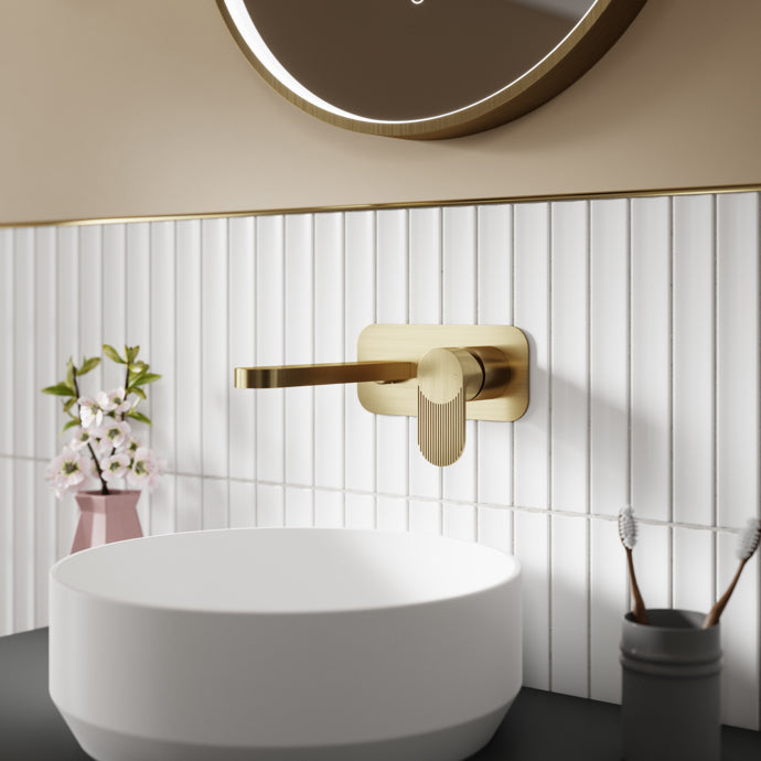 Nuie - Wall Mounted Basin Mixer Tap with Plate - Brushed Brass
