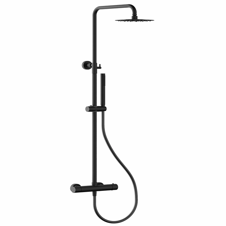 Black shower system with handheld shower head and control handle 