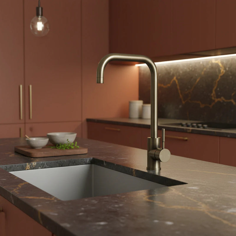 Nuie Top-Fix Vito Square Kitchen Mixer Tap - Antique Brass